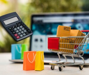 calculator and shopping trolley with shopping bags online