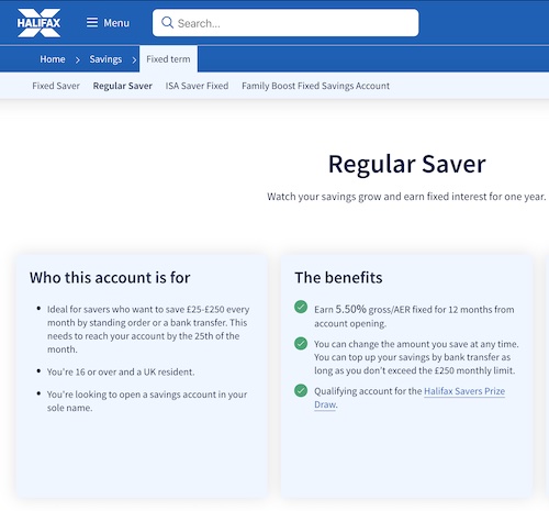 Halifax savings account website screenshot
