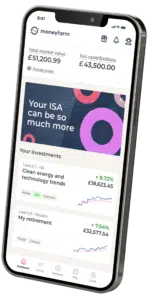 Moneyfarm app screenshot on image of phone