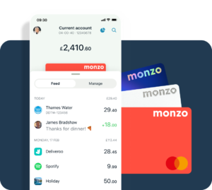 Monzo app dashboard and cards