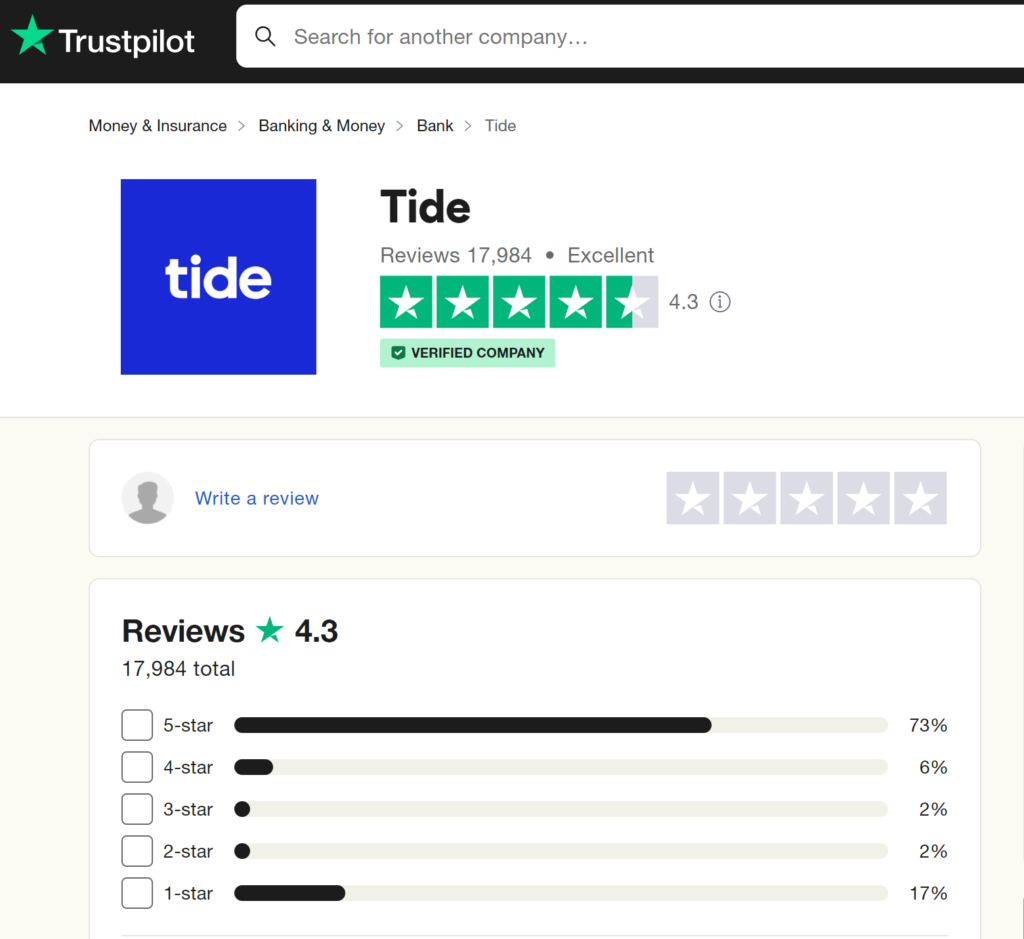 Tide Trustpilot review screenshot