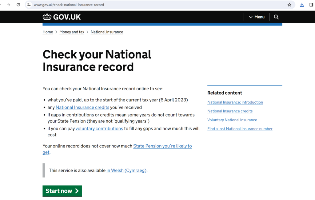 government NI record check website screenshot