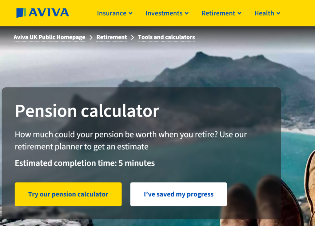 Aviva Pension Calculator Main Menu screenshot