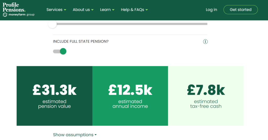 Profile Pensions Pension Calculator Screenshot