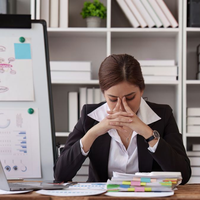 woman hands in head at desk business finance stress